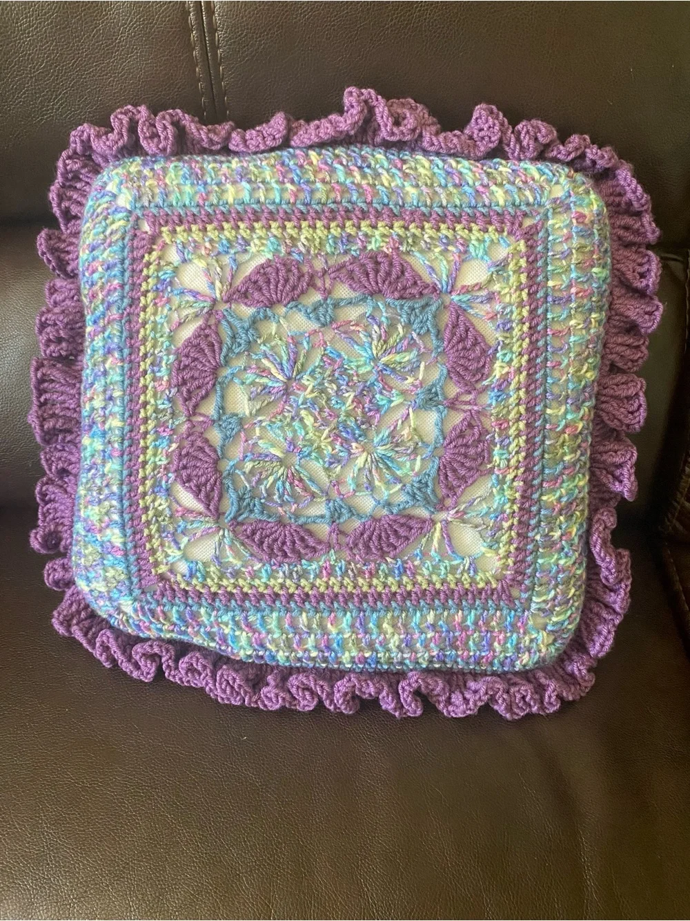 Vintage Handmade Square Crochet Throw Pillow Decorative Cottagecore 16x16